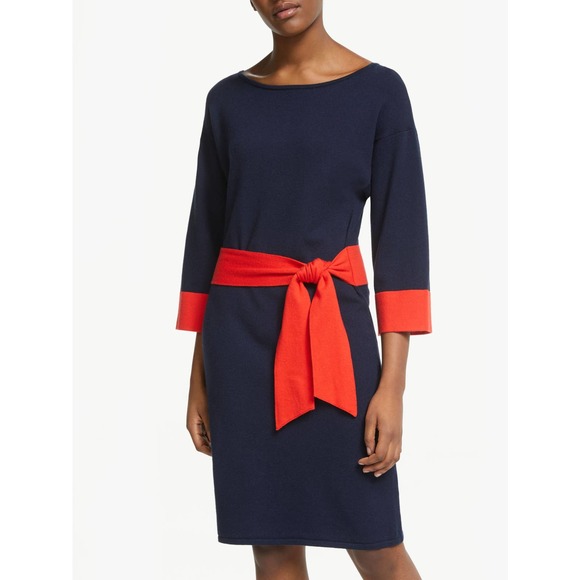 Boden Sweater Dress 10 Navy Blue Esmeralda Waist Tie Retro A-Line Mini - Picture 2 of 11